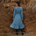 2021 New Arrivals Wholesale Women Dot Print High Quality Slit Ruffle Long Sleeve Fashion Elegant Sexy Casual Midi Bohemian Dress